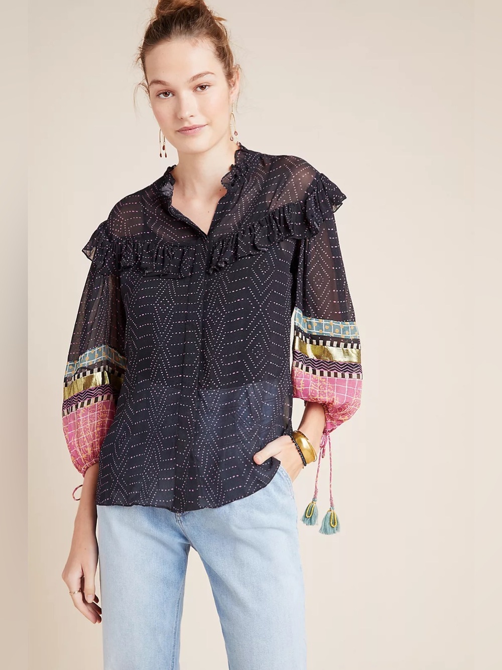 NEW Verb Magda Ruffle Semi Sheer Metallic Tassle Peasant Top Anthorpologie Sz 10